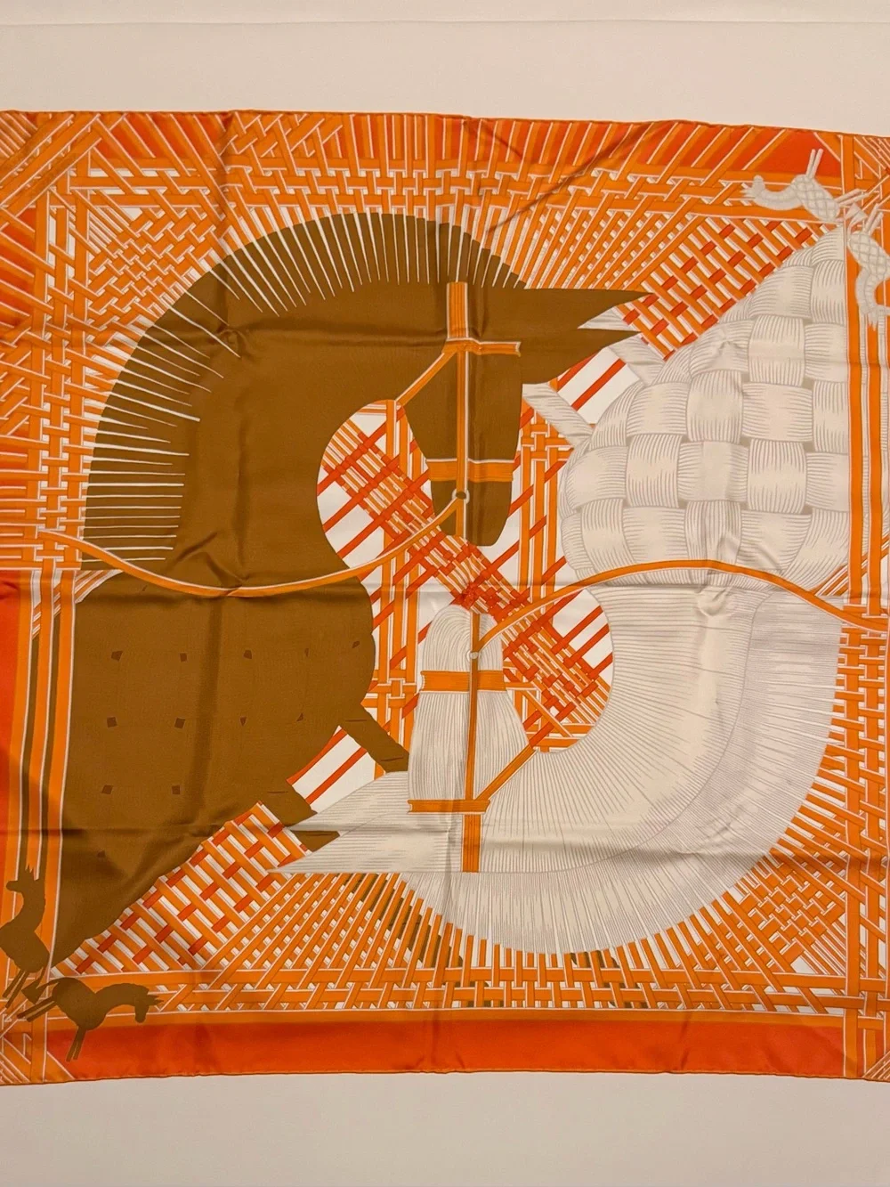 Hermes Masan Masan 90 Silk Scarf in Orange and Brown